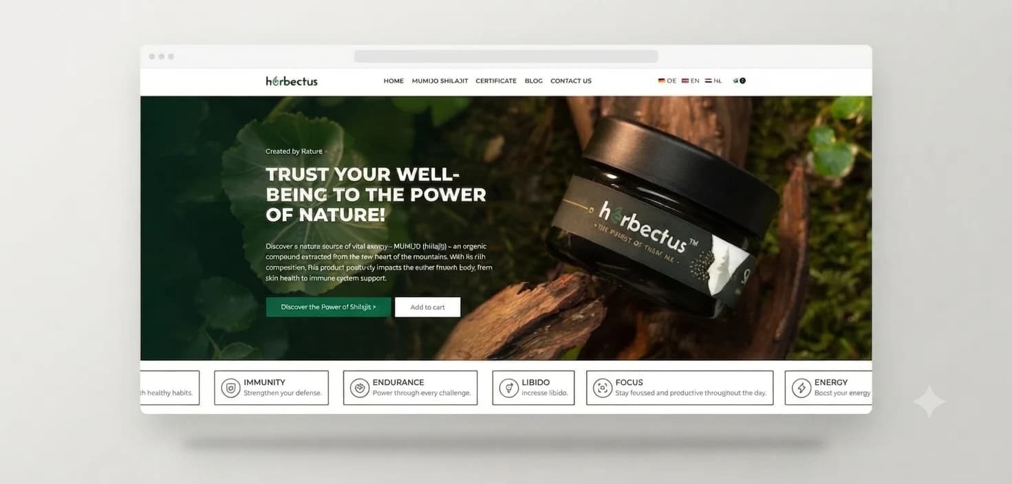 herbectus.at — natūralaus mumijo (shilajit) papildo prekės ženklo svetainė