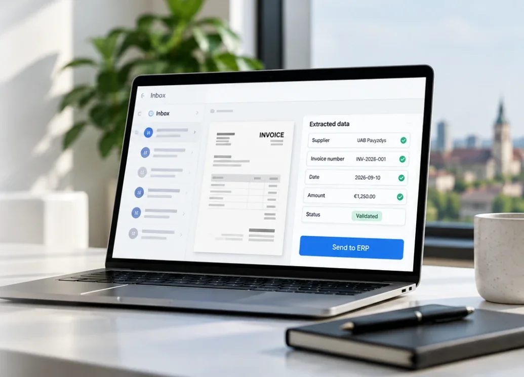 Illustration: a laptop showing an invoice from the inbox with extracted, validated fields and a Send to ERP button