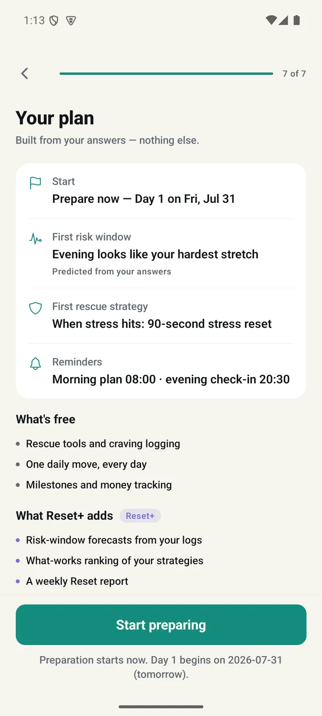 VapeReset personalised plan screen