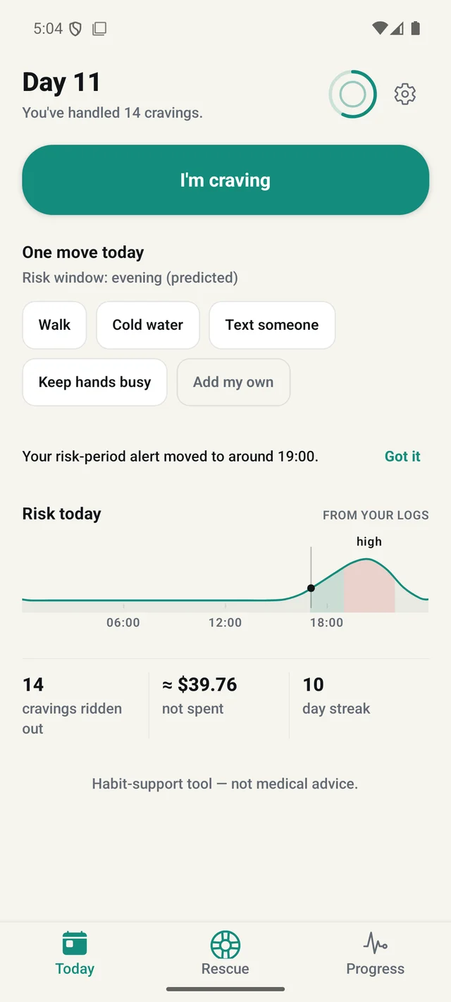 VapeReset daily actions screen